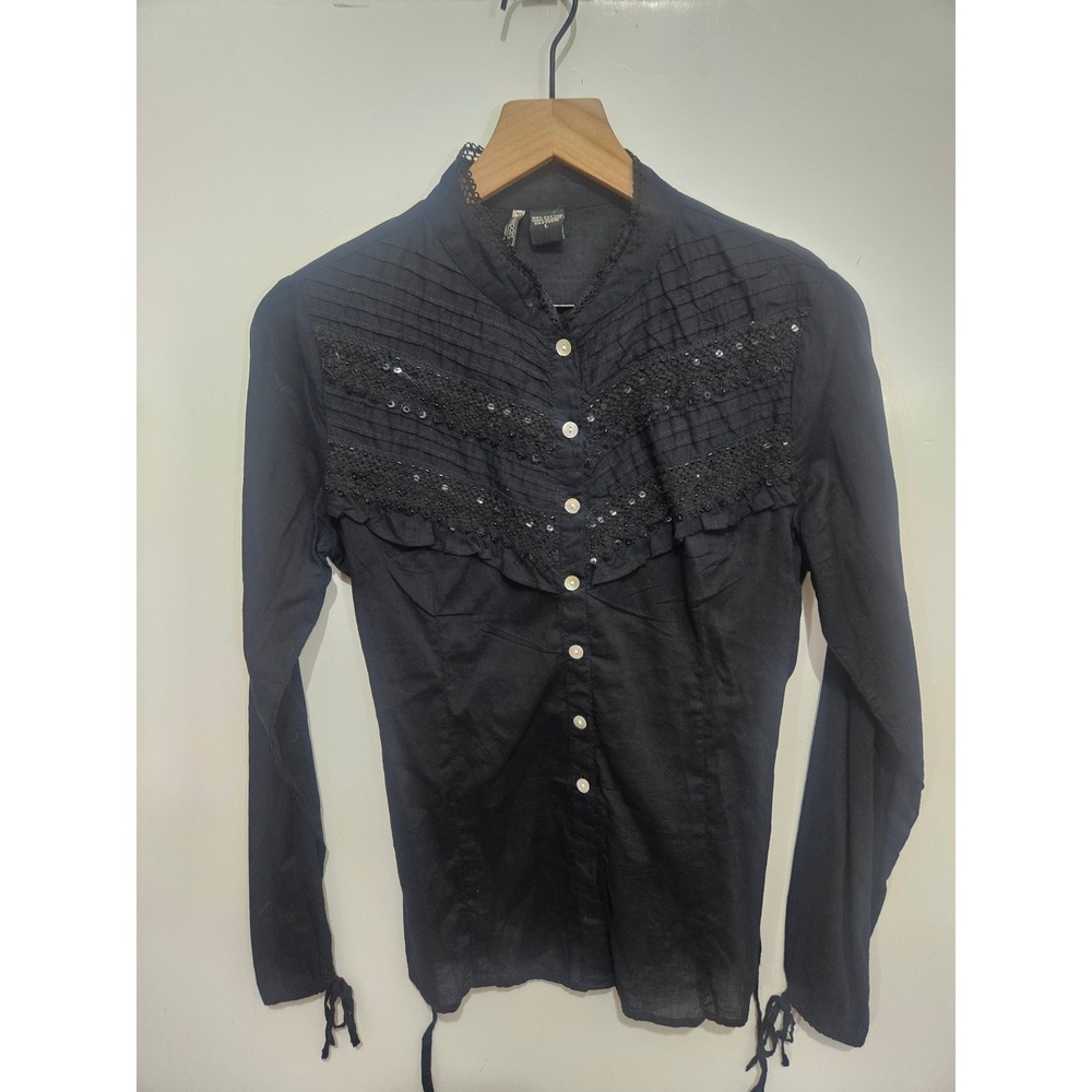Passport Black Cotton Blouse L Sequin Crochet Pintuck Ruffle Romantic Goth